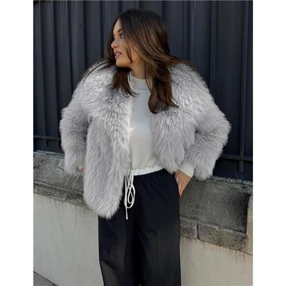 Womens Faux Fur Coat Lapel Open Front Fluffy Shaggy Jacket Lightgrey - Picture 3 of 6